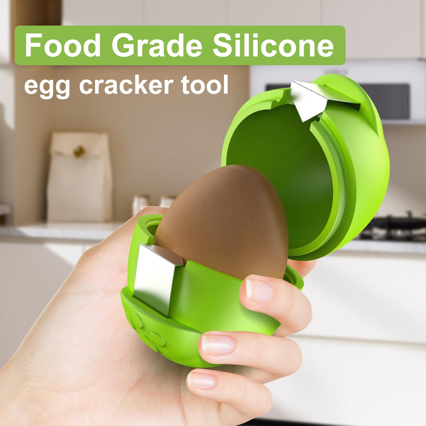 PowCube Egg Cracker, Silicone Egg Shell Opener, Cute Egg Shaped Design, Opens Eggs with Ease, A Little Happiness Boost for Your Kitchen. (Color: Green, 2-Pack)