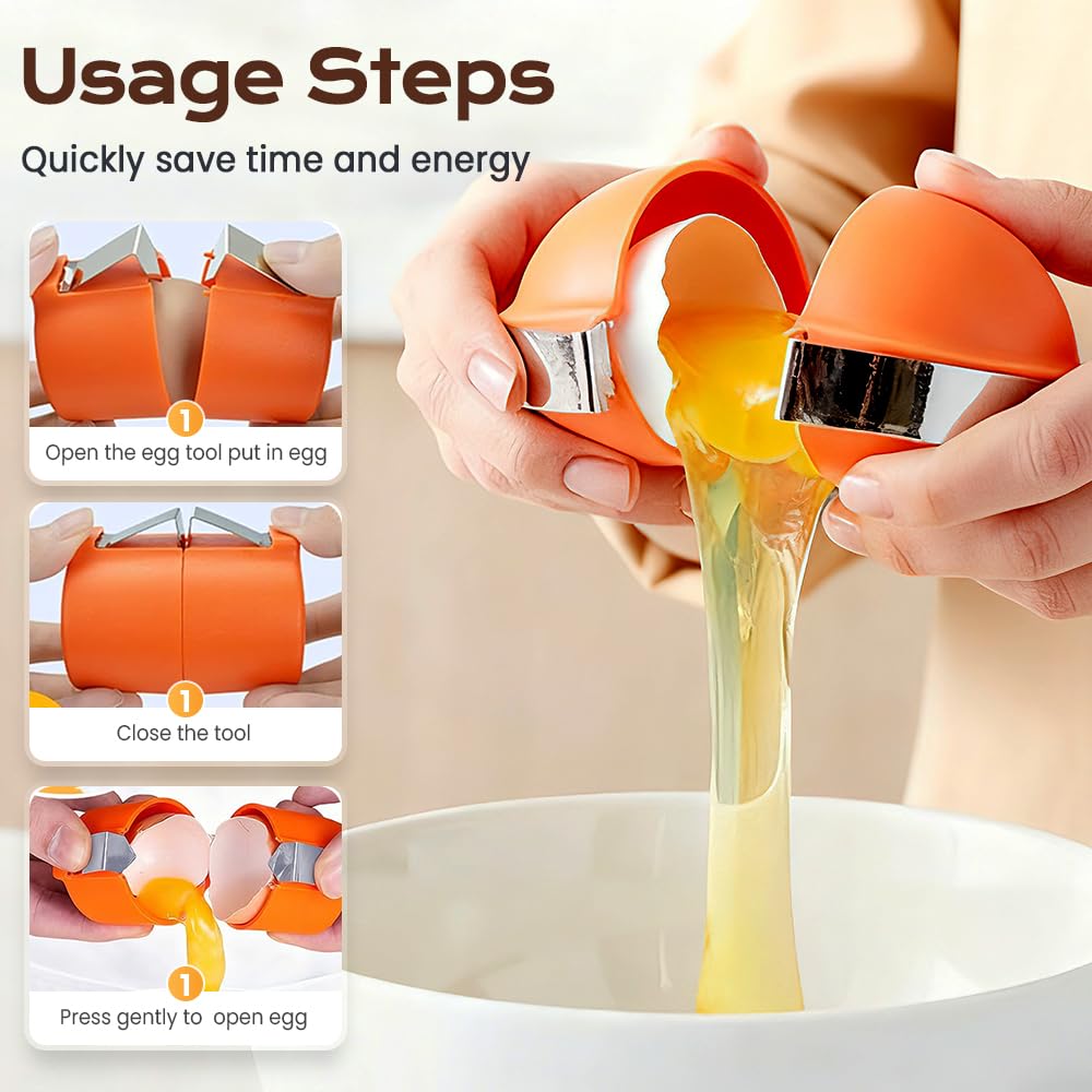 2PCS Egg Shell Opener,2026 Upgrade Stainless Steel Egg Cracker Tool, Multifunctional Egg Shell Opener for Raw & Hard-Boiled Eggs, Handheld Kitchen Gadget for Easy Peeling & Separating (2PCS Orange)