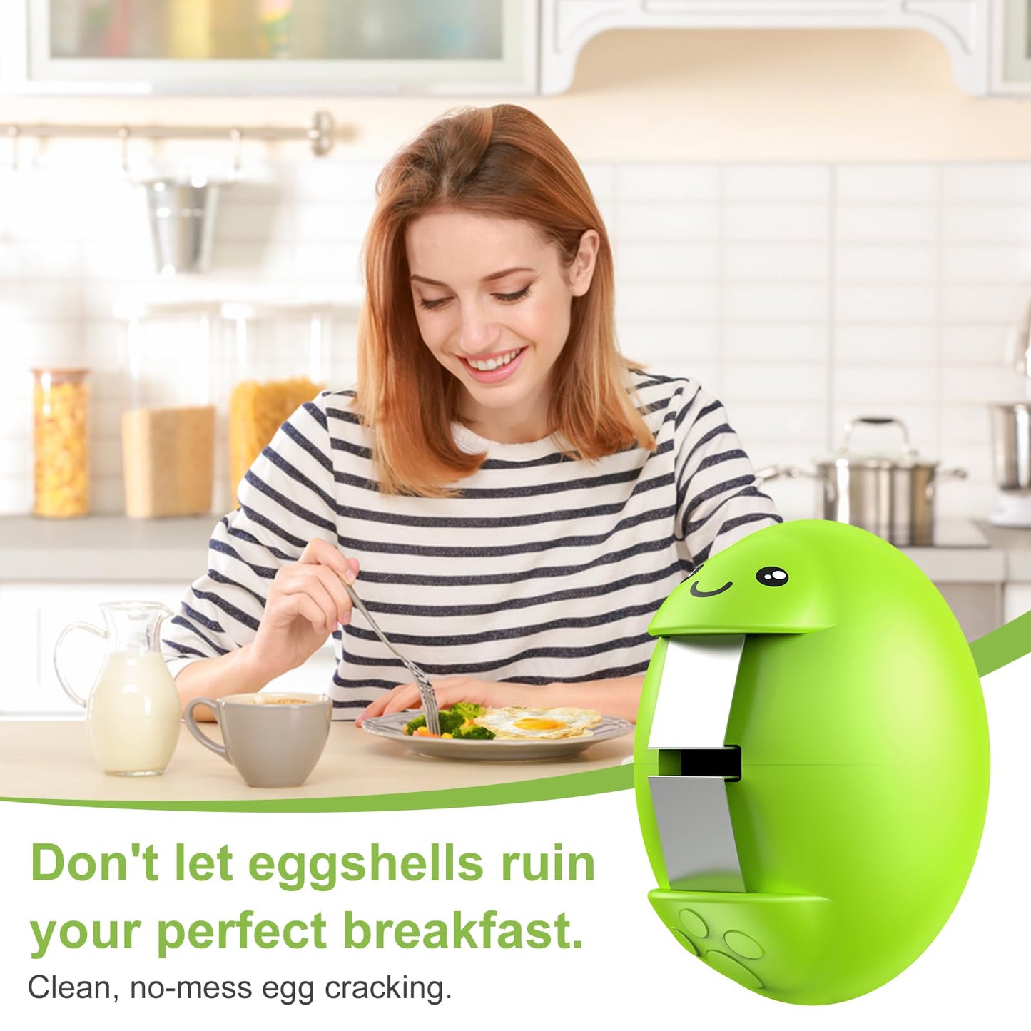 PowCube Egg Cracker, Silicone Egg Shell Opener, Cute Egg Shaped Design, Opens Eggs with Ease, A Little Happiness Boost for Your Kitchen. (Color: Green, 2-Pack)