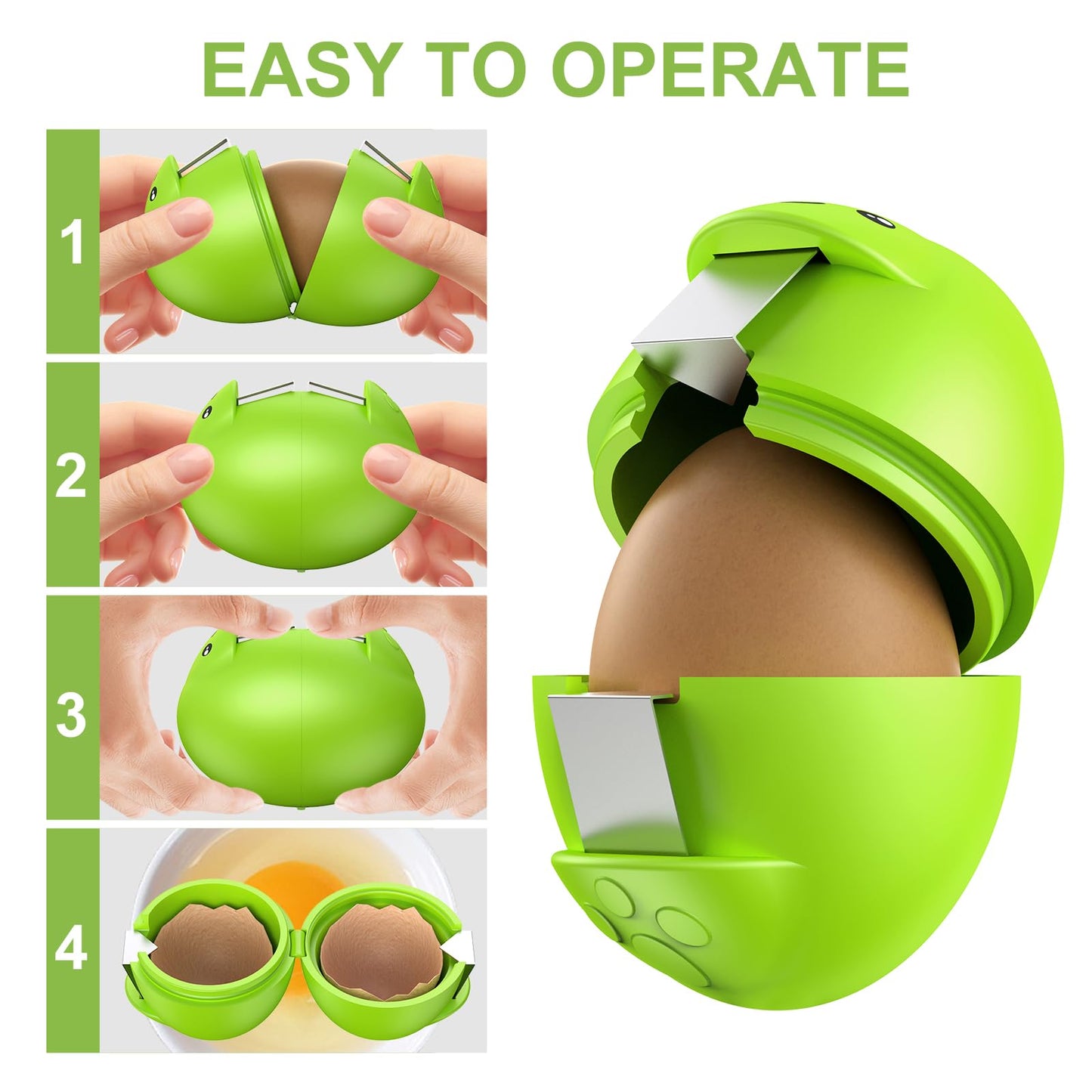 PowCube Egg Cracker, Silicone Egg Shell Opener, Cute Egg Shaped Design, Opens Eggs with Ease, A Little Happiness Boost for Your Kitchen. (Color: Green, 2-Pack)