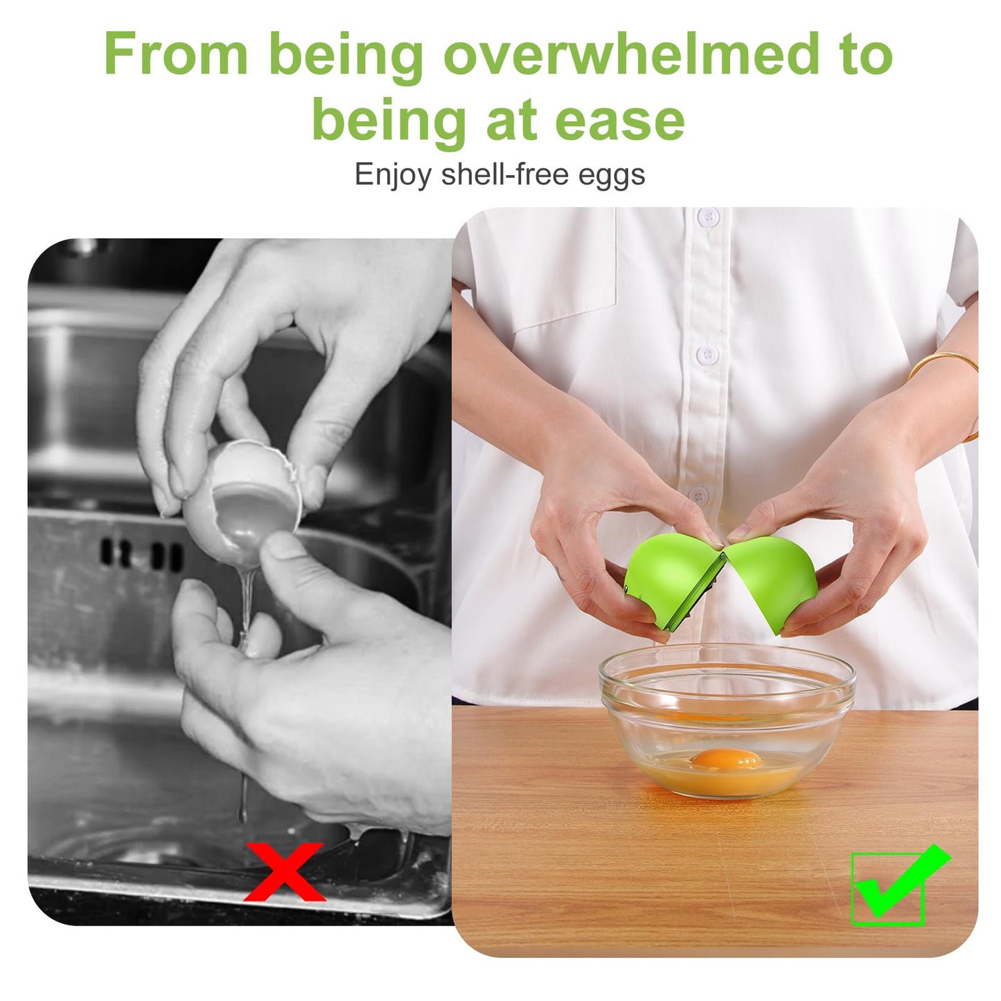 PowCube Egg Cracker, Silicone Egg Shell Opener, Cute Egg Shaped Design, Opens Eggs with Ease, A Little Happiness Boost for Your Kitchen. (Color: Green, 2-Pack)